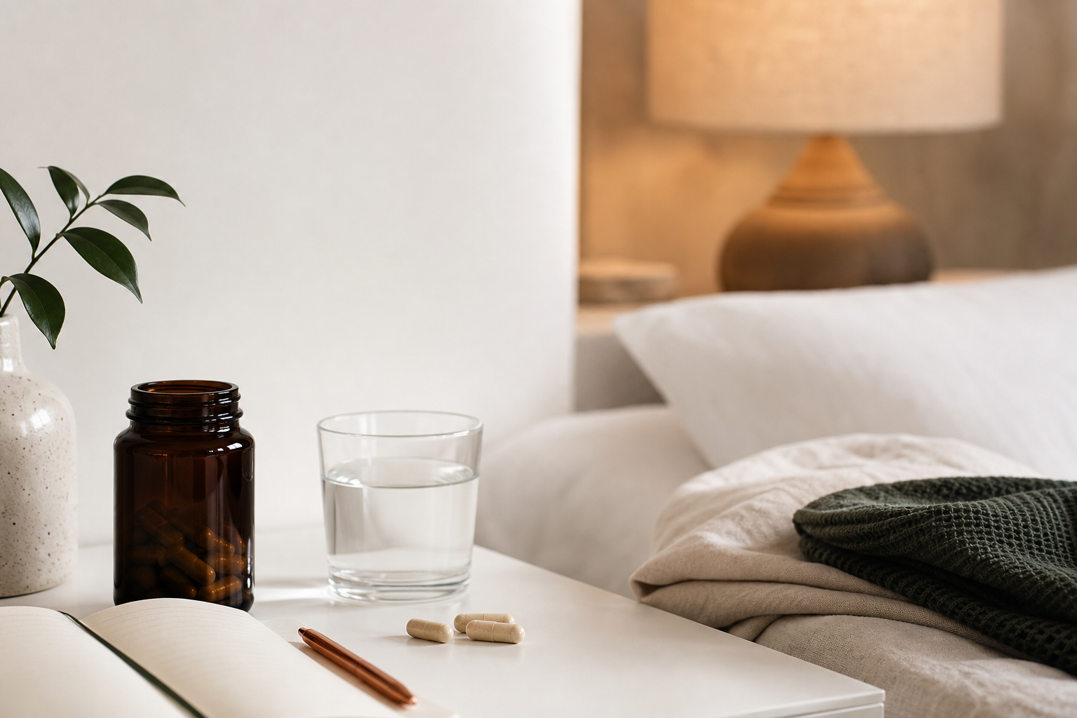 Magnesium glycinate capsules beside a glass of water in a calm bedside scene.