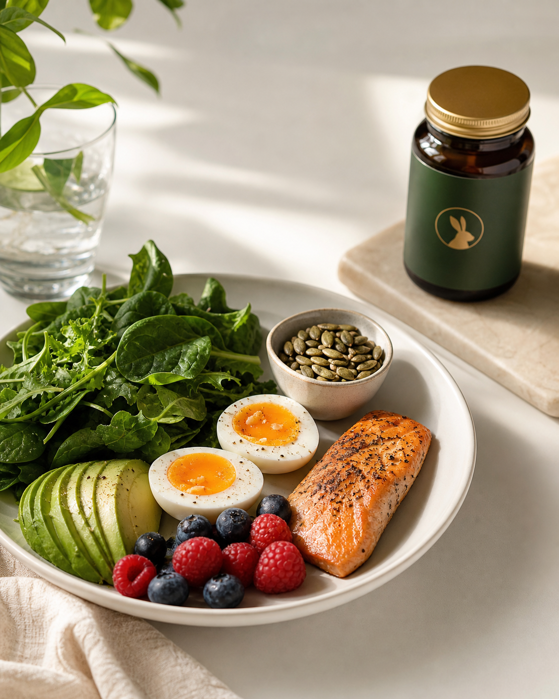 Nutrient-dense meal with a subtle Moon Rabbit beef liver capsule bottle on a clean cream background.