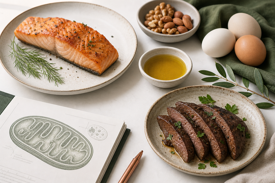 Editorial still life of whole foods and a subtle mitochondria diagram illustrating CoQ10 and food-based nutrient support.