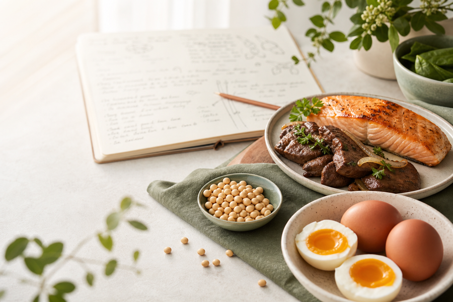 Editorial still life of choline-rich foods arranged on a clean tabletop for a brain health article.