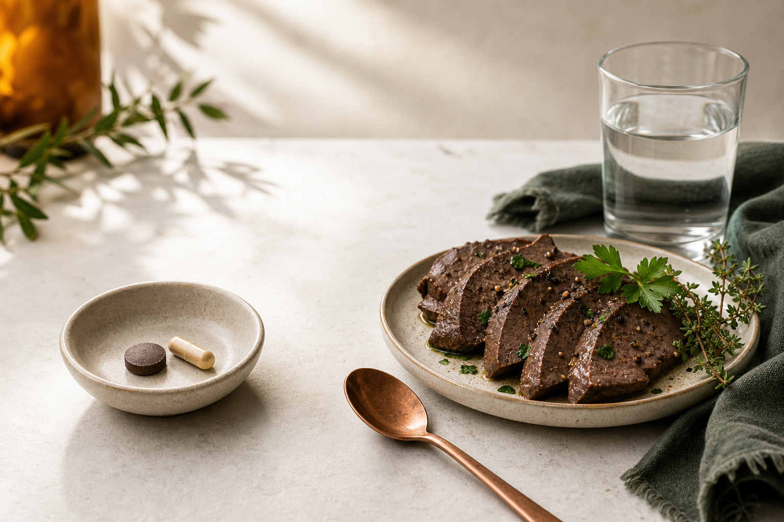 Iron tablets beside beef liver and copper-toned kitchenware in a clean editorial still life.