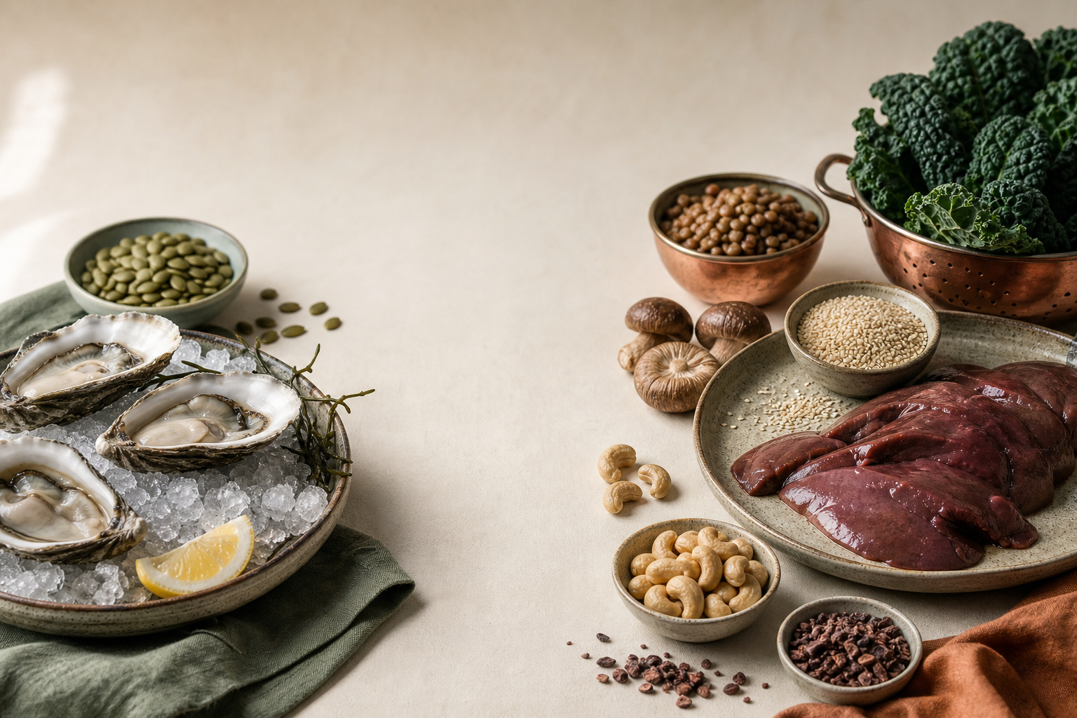 Editorial still life of zinc- and copper-rich whole foods arranged in a balanced composition on a clean cream background.
