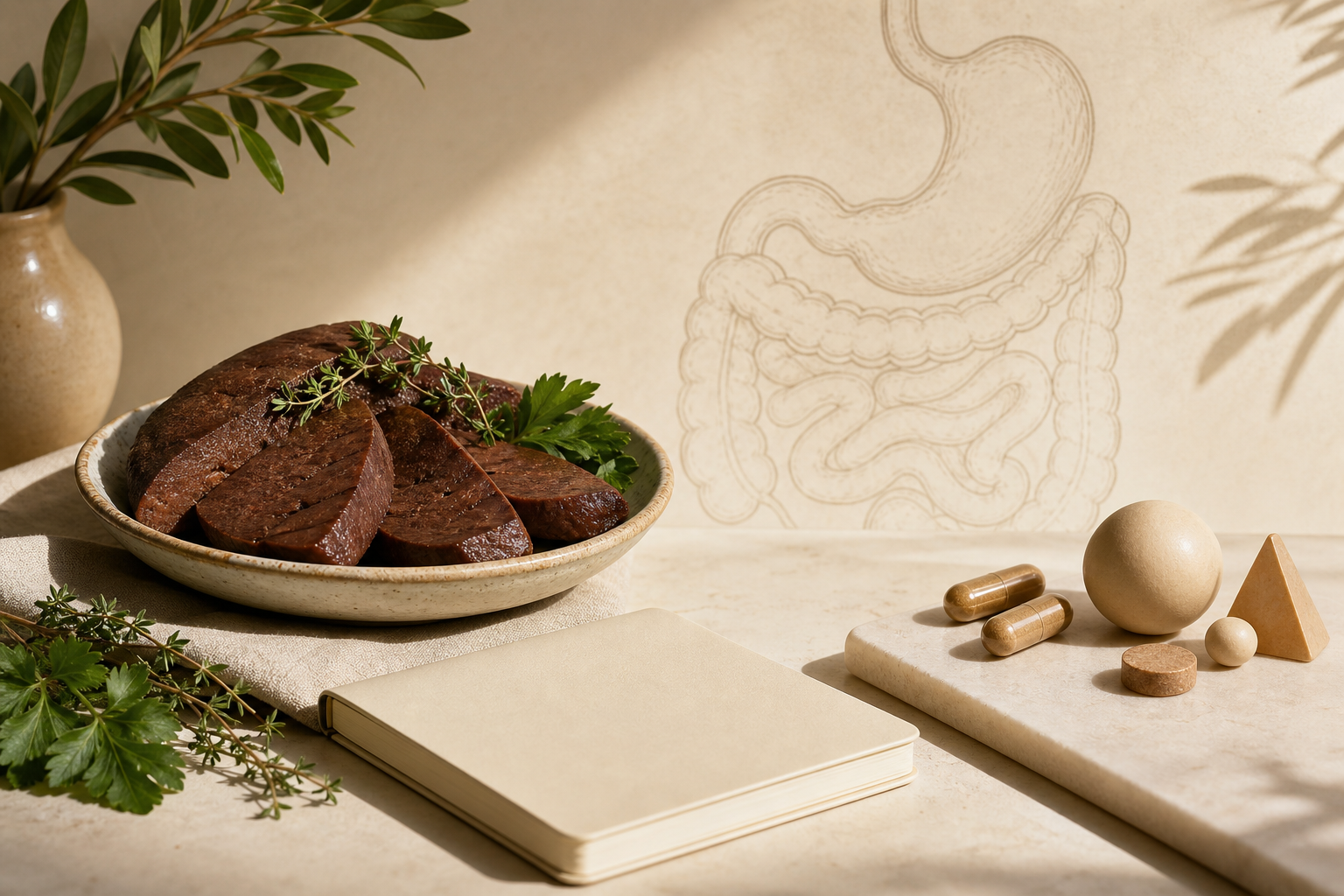 Editorial-style composition showing whole-food B12 sources beside subtle digestive anatomy motifs, illustrating B12 absorption.
