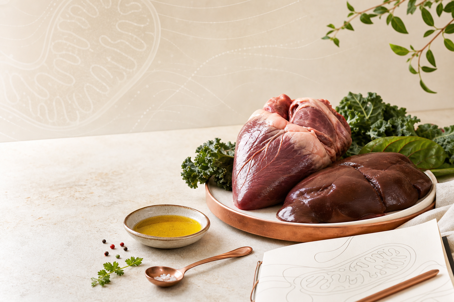 Beef heart and beef liver arranged in a clean editorial still life with subtle mitochondrial energy motif.