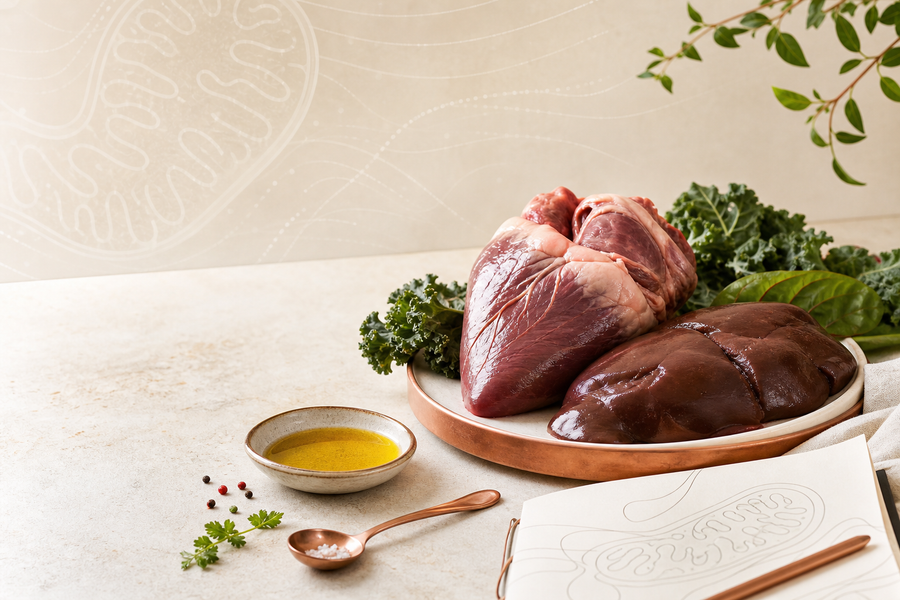 Beef heart and beef liver arranged in a clean editorial still life with subtle mitochondrial energy motif.