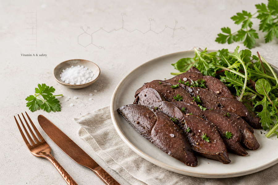 Editorial still life of grass-fed beef liver with copper accents on a cream background, illustrating Vitamin A safety and whole-food nutrition.