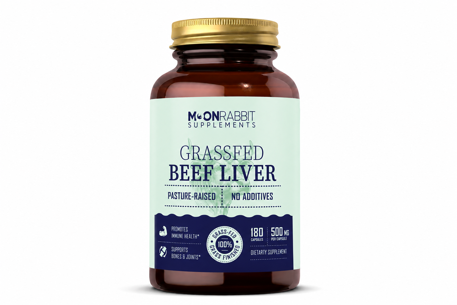 3d rendering of Moon Rabbit supplements beef liver capsules bottle.