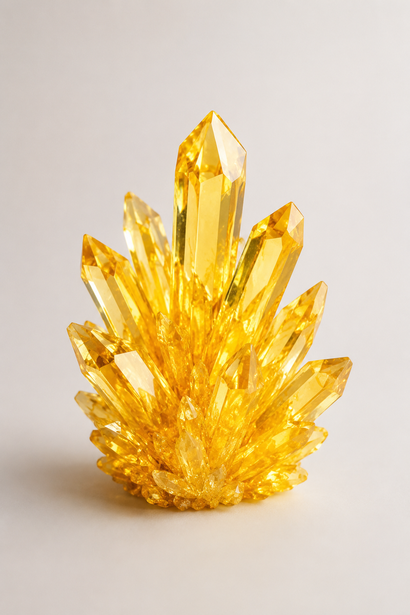 Riboflavin B2 inspired yellow-gold crystal formation symbolizing nutrient utilization and energy support