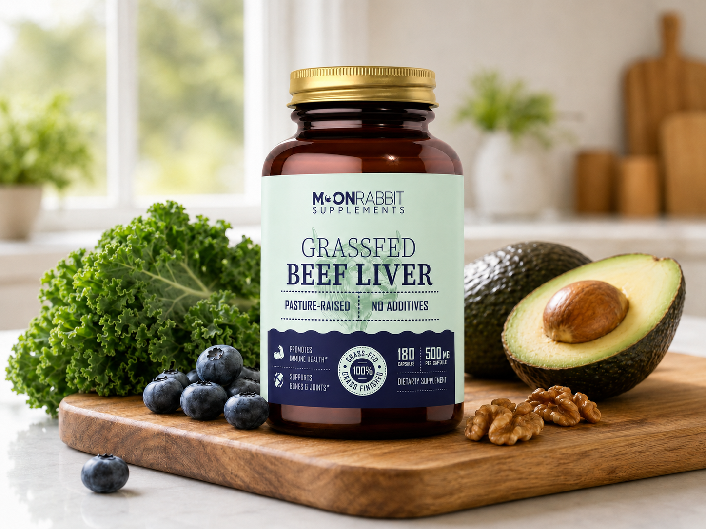 moon rabbit supplements beef liver capsules on kitchen counter top with fruits and veggies.  Lifestyle image