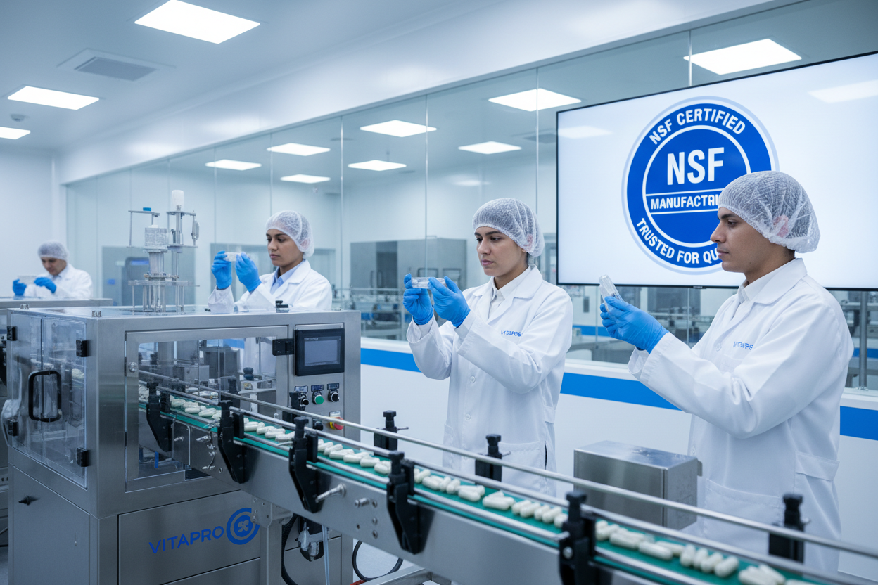 Workers in a cleanroom with NSF Certified Manufacturing sign